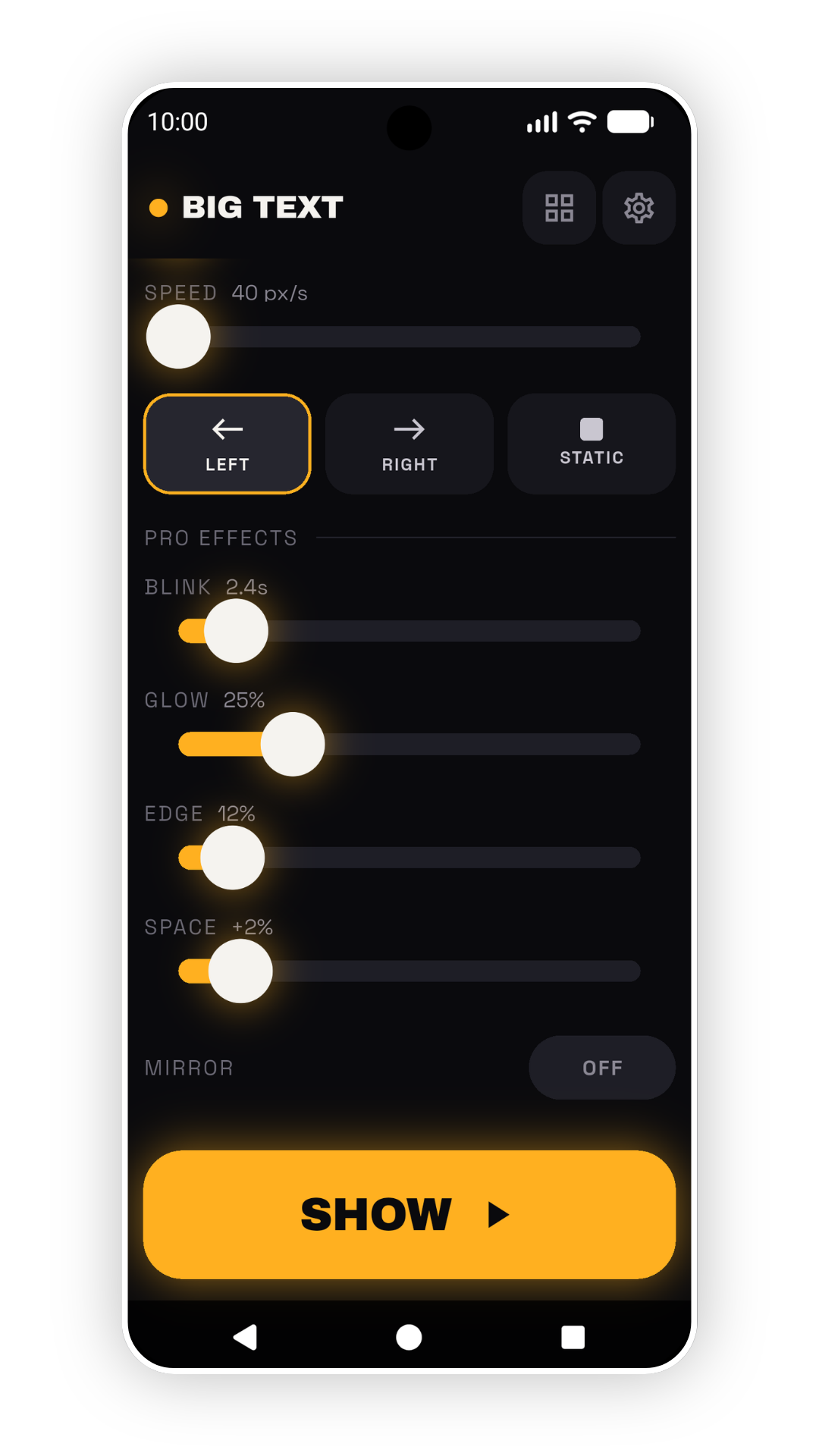 The Pro effects controls: blink, glow, edge and letter spacing sliders, and a mirror toggle.
